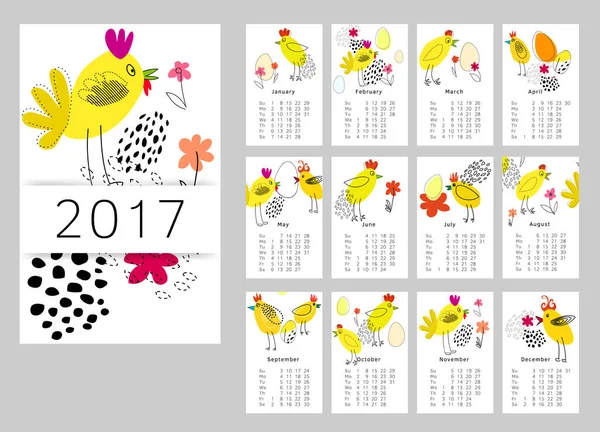 Kalendář Rok2017 Sada Měsíců Kohoute Týden Začíná Neděli Rooster Symbol — Stock fotografie