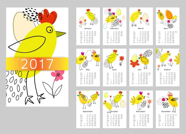Calendar 2017 Set Months Rooster Week Starts Sunday Rooster Symbol — Stock Photo, Image