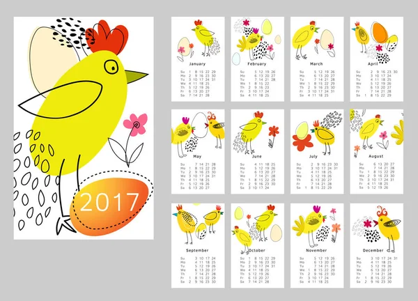 Calendario Para 2017 Conjunto Meses Gallo Semana Comienza Domingo Rooster — Foto de Stock