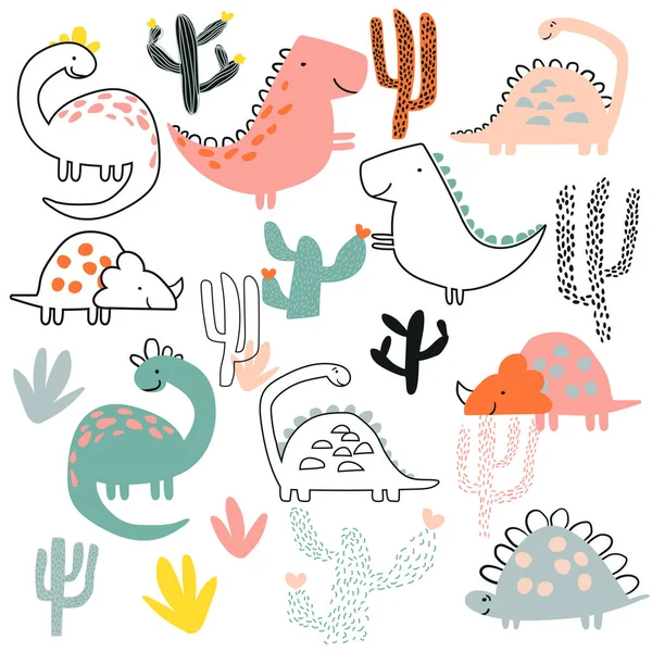 Kindliche Illustration Mit Handgezeichneten Dinos Doodle Stil Perfekt Für Kinder — Stockfoto