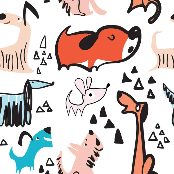 Kindlich Nahtloses Muster Mit Handgezeichneten Hunden Trendiger Skandinavischer Hintergrund Perfekt — Stockfoto