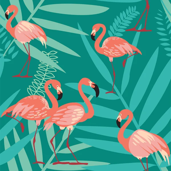 Flamingo Fågel Och Tropiska Blommor Bakgrund Sömlös Mönster — Stockfoto