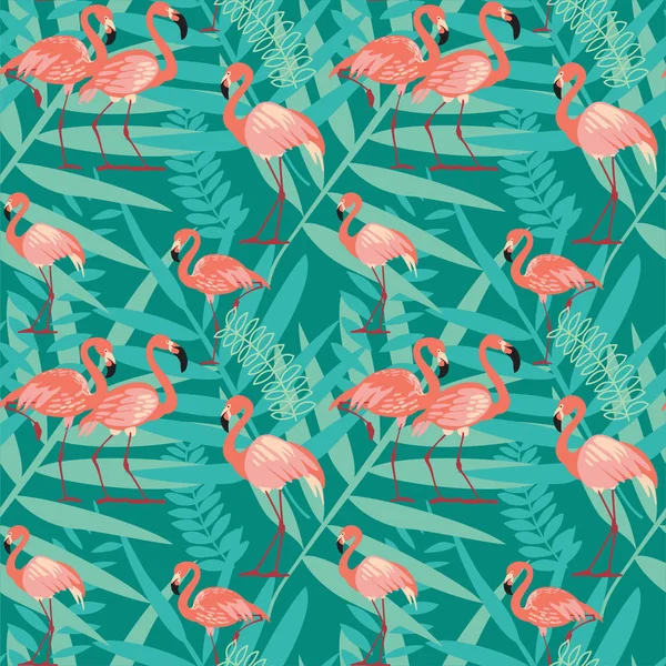 Pink Flamingos Exotic Birds Tropical Palm Leaves Trees Jungle Leaves — Stock Photo, Image