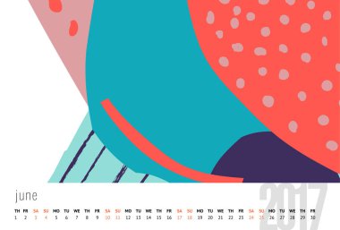 2017 için takvim. Ay, Doodle desenleri. Hafta Pazar başlıyor. Soyut sanat desenli 2017 şablonu için takvim.