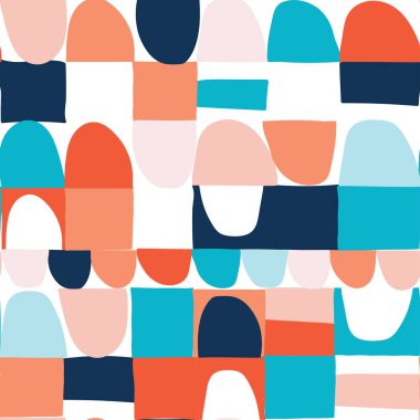 Yarı daireler ve retro İskandinav tarzında kare şeklinde modern soyut, kusursuz geometrik desen. Beyaz arkaplanda Pastel renkleri.