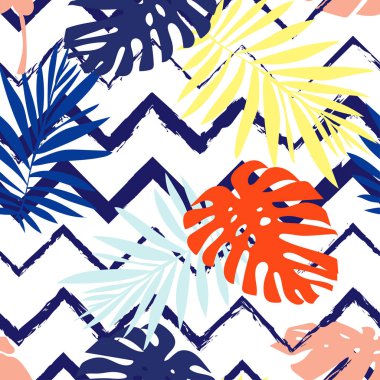 Yaratıcı evrensel çiçek arkaplanı tropikal tarzda. El yapımı kumaşlar. Parlak renkli tropik yapraklar. İzole edilmiş.