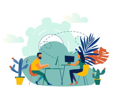 Resim, işte online asistan. Şebekede terfi. Uzaktan yöneticilik, yeni fikirler aramak, şirkette birlikte çalışmak, beyin fırtınası yapmak.