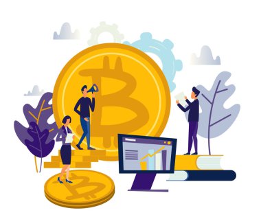 İllüstrasyon finans. Grafik elementler sadece kripto para biriminin yatırım analizi. İnsanlar para bitcoin 'ine yatırım yapar. Moda renkleri ve şık düz grafikler
