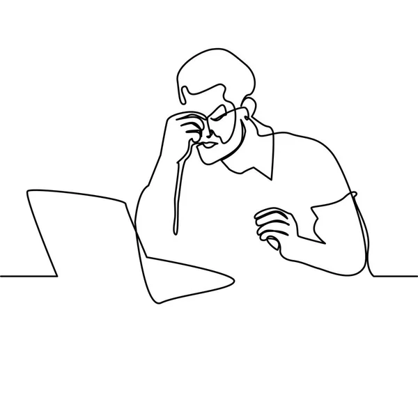 Continuous Line Drawing Frustrated Young Man Massaging His Nose Keeping — Stock Photo, Image