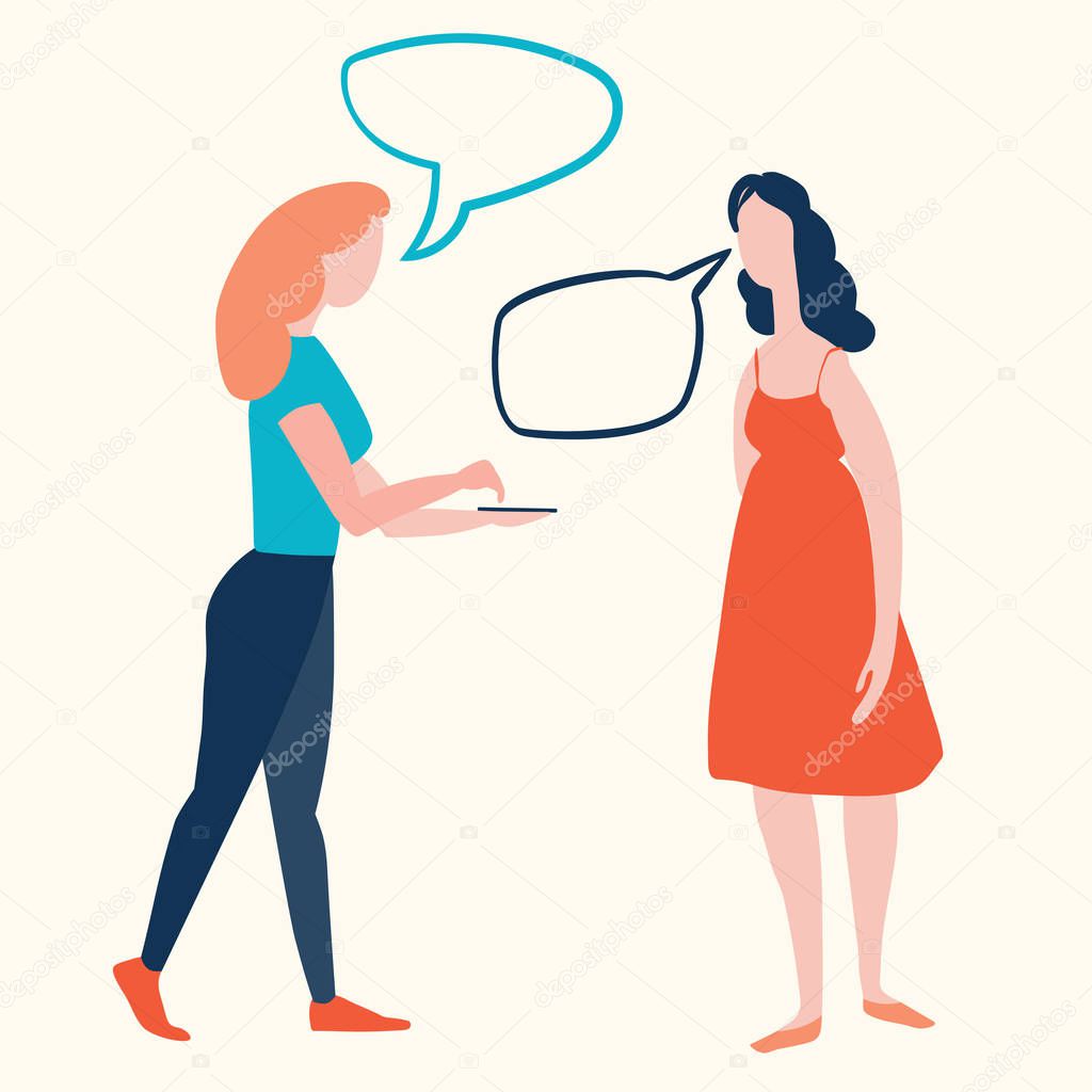 Female figures of different ethnicity illustration. Cartoon character of women with colorful dialog speech bubbles, woman gossip conceptual vector illustration. International womens day graphic.