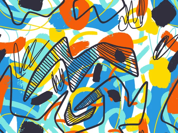 Naadloze abstracte doodle achtergrond patroon in heldere zomer positieve kleuren. — Stockvector