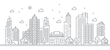 İnce çizgiler şeklinde büyük bina ve ağaçların tasviri