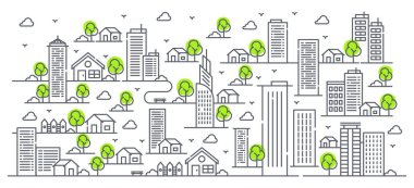 Ağaçlı çeşitli binaların tasviri. Güzel şehir manzarası