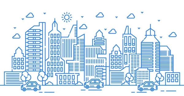 Arabalar ve ağaçlarla donatılmış büyük bir binayla kentsel illüstrasyon. Şehir aktiviteleri