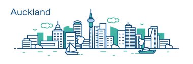 yeşil panoramik Auckland modern binalar ve Nehri üzerinde tekne ile