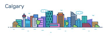 renkli panoramik Calgary binalar ve Nehri üzerinde tekne ile