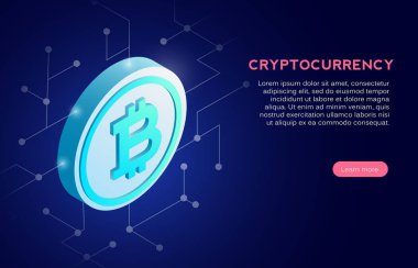 Cryptocurrency banner şablon. Bitcoin, 3d izometrik