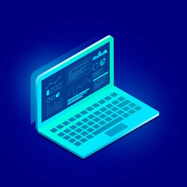 Infographic elemanları ile dizüstü bilgisayar. 3D izometrik düz tasarım