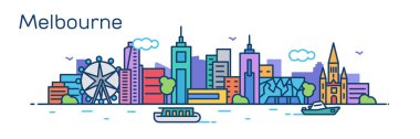 renkli panoramik Melbourne binalar ve Nehri üzerinde tekne ile