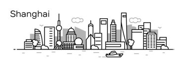 siyah ve beyaz panoramik Shanghai gökdelenler ve Nehri üzerinde tekne ile