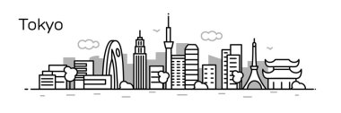 siyah ve beyaz panoramik Tokyo gökdelenler ve binalar ile