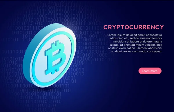 Cryptocurrency Banner Şablon Bitcoin Izometrik — Stok Vektör