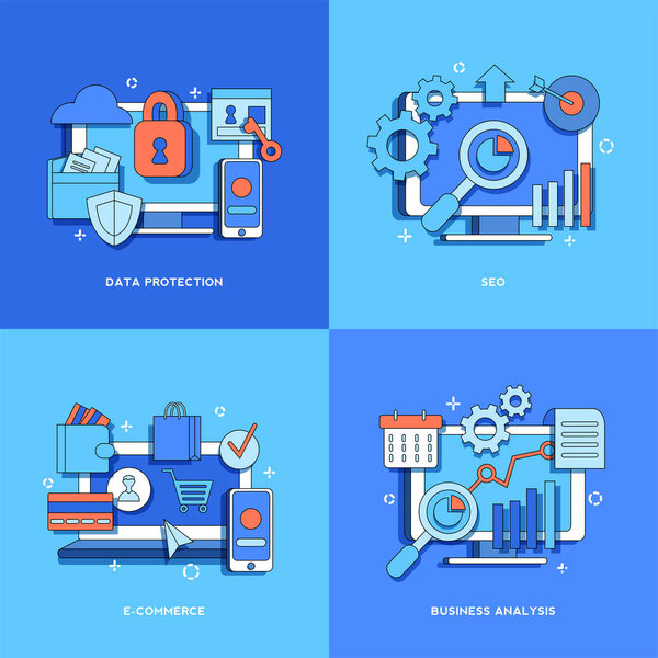 Анализ веб-страницы, баннера, презентации на синем фоне
