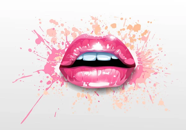 Labios Rosados Brillantes Salpicaduras Pinturas Aisladas Gris — Vector de stock