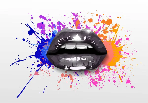 Schwarz Glänzende Lippen Farbklecksen Isoliert Auf Grau — Stockvektor
