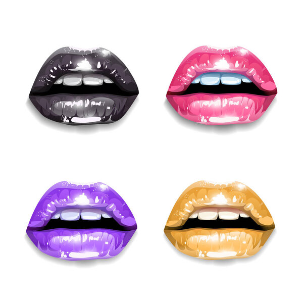 Glossy black, pink, violet and golden lips isolated on white