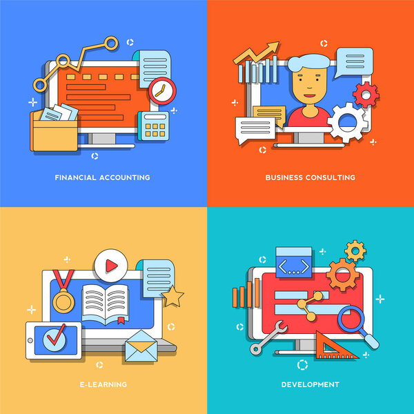 Разработка, бизнес-консалтинг, финансовый учет, электронное обучение для веб-страницы, баннер, презентация
