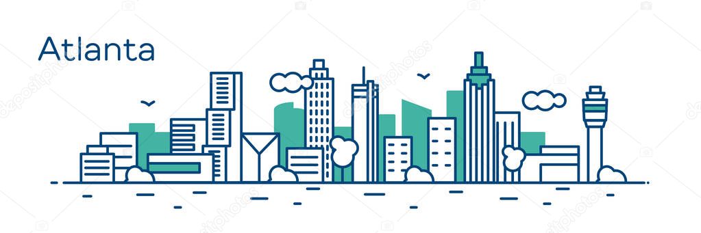 green panoramic view of Atlanta with modern buildings