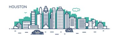 Houston panorama şehir. Düz çizgi stili. Afiş, tanıtım, kartları, web sayfası için. Vektör çizim