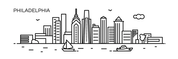 Philadelphia Panorama City Flat Line Style Banner Presentation Cards Web — Stock Vector