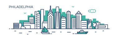 Philadelphia panorama şehir. Düz çizgi stili. Afiş, tanıtım, kartları, web sayfası için. Vektör çizim
