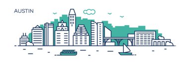 Austin panorama şehir. Düz çizgi stili. Afiş, tanıtım, kartları, web sayfası için. Vektör çizim
