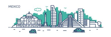 Panorama bir Mexico. Düz çizgi stili. Afiş, tanıtım, kartları, web sayfası için. Vektör çizim