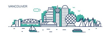 Vancouver panorama şehir. Düz çizgi stili. Afiş, tanıtım, kartları, web sayfası için. Vektör çizim