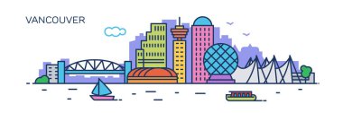 Vancouver panorama şehir. Düz çizgi stili. Afiş, tanıtım, kartları, web sayfası için. Vektör çizim