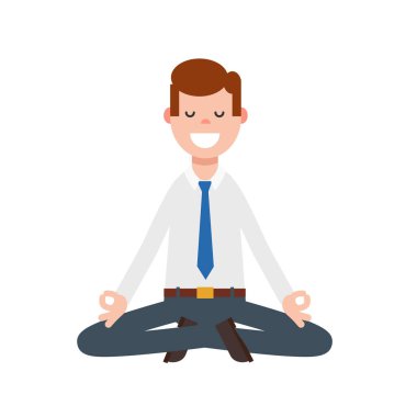 Office meditasyon. Yoga lotus poz oturan işadamı sakin ol. Vektör karikatür düz beyaz arka plan üzerinde karakter.