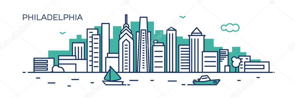 Philadelphia panorama city. Flat line style. For banner, presentation, cards, web page. Vector illustration
