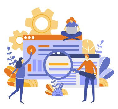 İşlem, analiz, Seo, web sayfası, afiş, tanıtım, sosyal medya, belgeler, kartları, posterler için arama kavramı. Vektör çizim bilgi arama, işe alım, araştırma