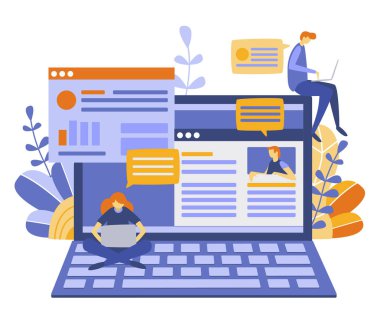 Vektör çizim, düz stil, Haberler, sosyal ağlar, sohbet, diyalog konuşma balonları, sosyal medya, iletişim, insanlar sohbet online, mobil pazarlama, smm, bloglama, medya planlama