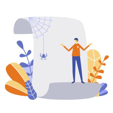 Yaratıcı vektör çizim, boş hata listesidir. İnsanlar şaşırırlar. Örümcek ağı ile boş kağıt listesi. Web, afiş, tanıtım, belgeler, kartları için kavram