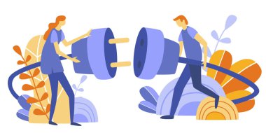 İş kavramı vektör çizim, Internet, hiçbir bağlantısı kullanılamıyor, ağ bağlantısının kesilmesinin bozuldu, bir kablo bağlamak insanlar deneyin. Web, afiş, tanıtım, belgeler, kartları için
