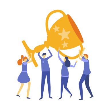 Vektör iş illüstrasyon, başarı, rüya takım, bir yaratıcı ekip ekip çalışması liderlik nitelikleri, başarılı bir yola, küçük insanlar için zafer mutlu büyük bir kase tutarak Yön