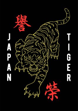Angry wild tiger with motivation japanese symbols. Japan Tokyo concept. Modern mascot illustration for print design of clothes t shirt clipart