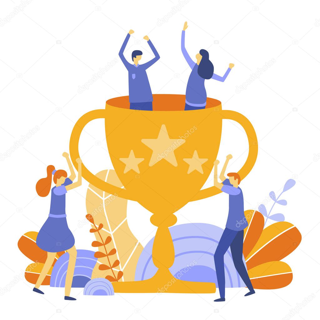 Vector business illustration,success, leadership qualities in a creative team, direction to a successful path, little people standing on a large cup, happy for the winners