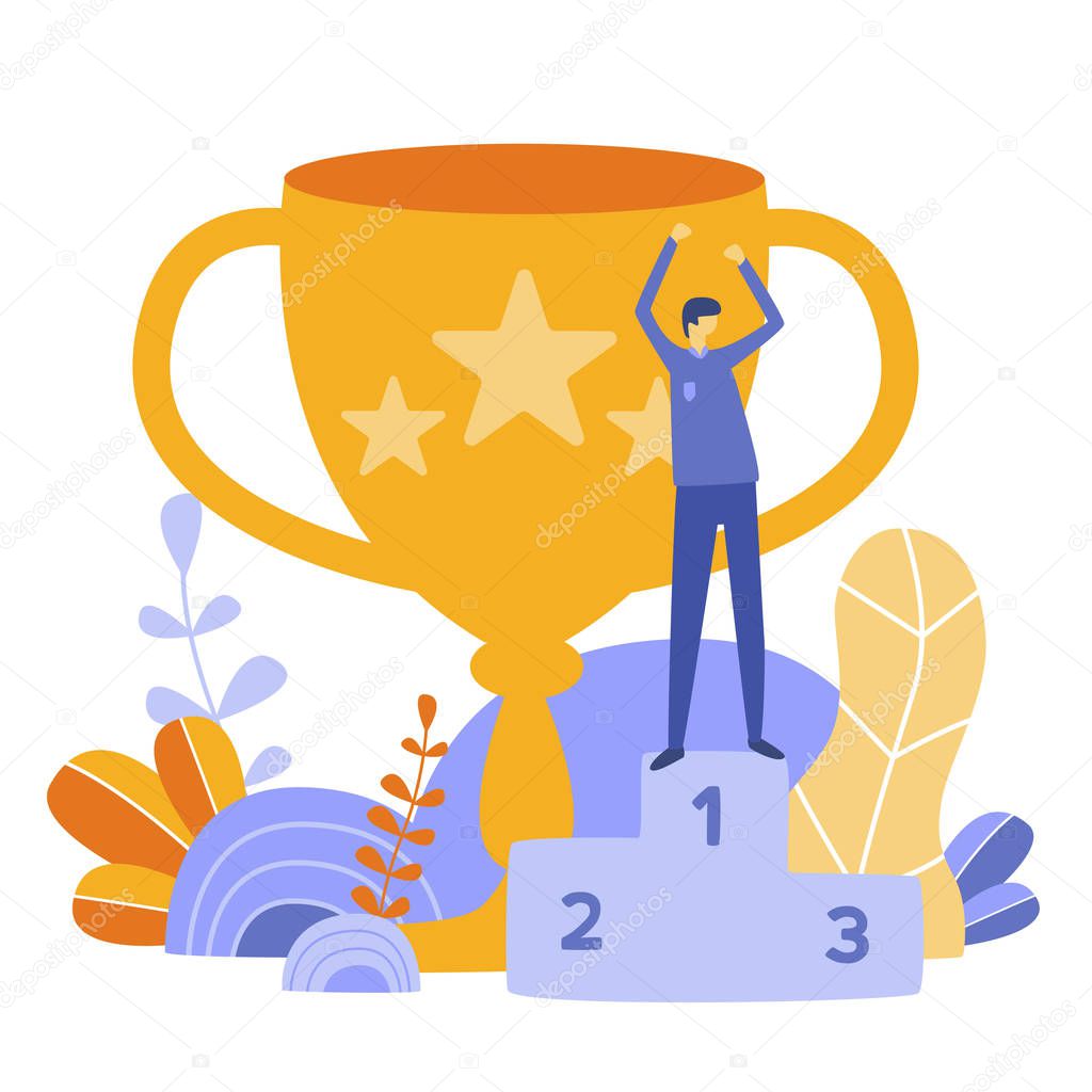 Creative flat design vector concept on businessman hand holding gold cup award icon. Leadership, victory concept. Success and business achievements concept with award cup - Vector