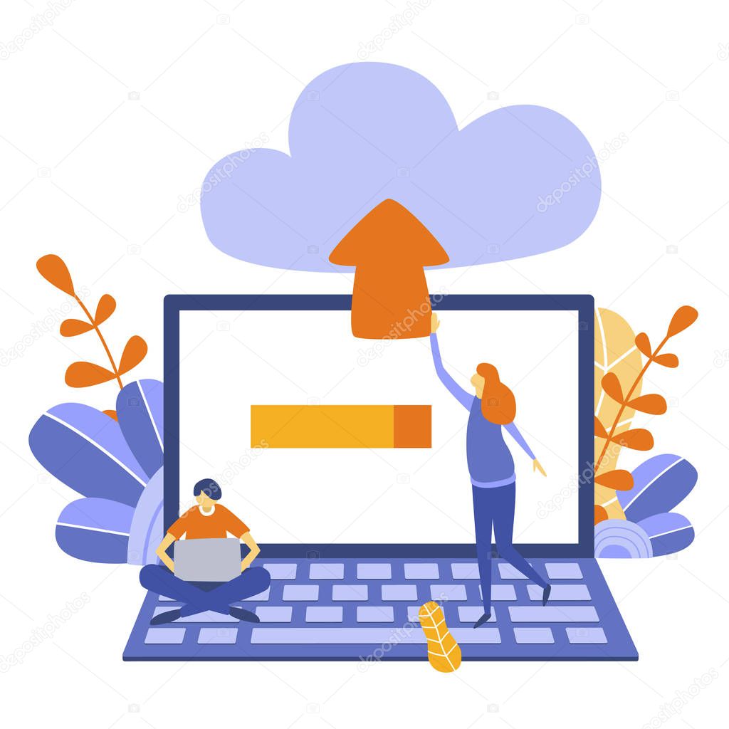 Laptop and upload file with peoples. Document uploading concept.Upload, Download concept for web page, banner, presentation, social media, documents, cards, posters.Flat style. Vector illustration